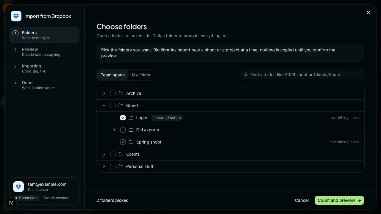 The Choose folders step. A folder list with checkboxes. Brand is open, showing Logos, Old exports and Spring shoot inside it. Logos and Spring shoot are ticked and read everything inside; Logos also carries an imported before mark. The footer reads 2 folders picked, with a Count and preview button.