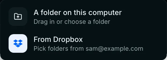 The Import menu in the Library toolbar, with two choices: A folder on this computer, and From Dropbox.