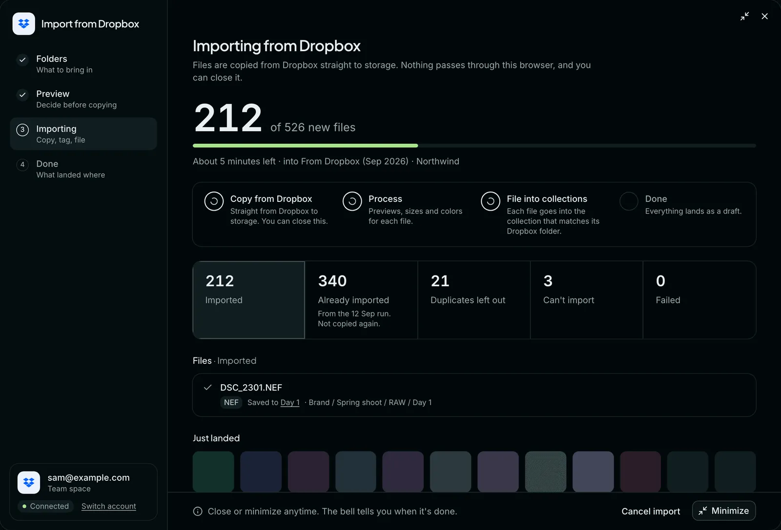 The Importing step. A large count reads 212 of 526 new files with a progress bar, four stages, a row of totals, a list of imported files and a strip of thumbnails that just landed.