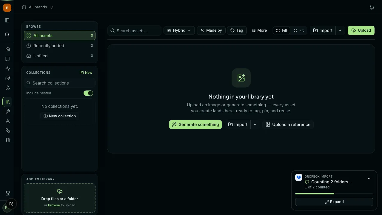 The Library with a small Dropbox import card in the bottom-right corner. It reads Counting 2 folders, 1 of 2 counted, with a progress bar and an Expand button.