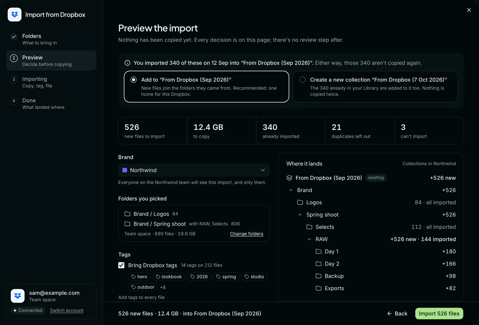 The Preview step. A notice about an earlier import with two choices, five totals, the Brand, Folders you picked and Tags settings on the left, and a Where it lands tree on the right.